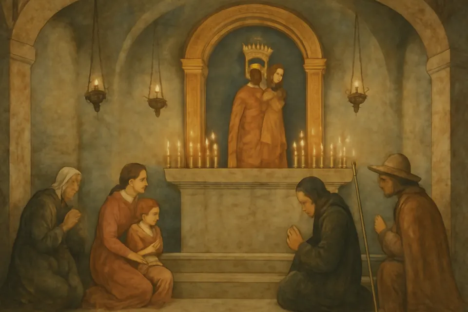 Oil-painting-style illustration of pilgrims kneeling by candlelight before a crowned, dark-faced statue of the Virgin and Child in a small chapel