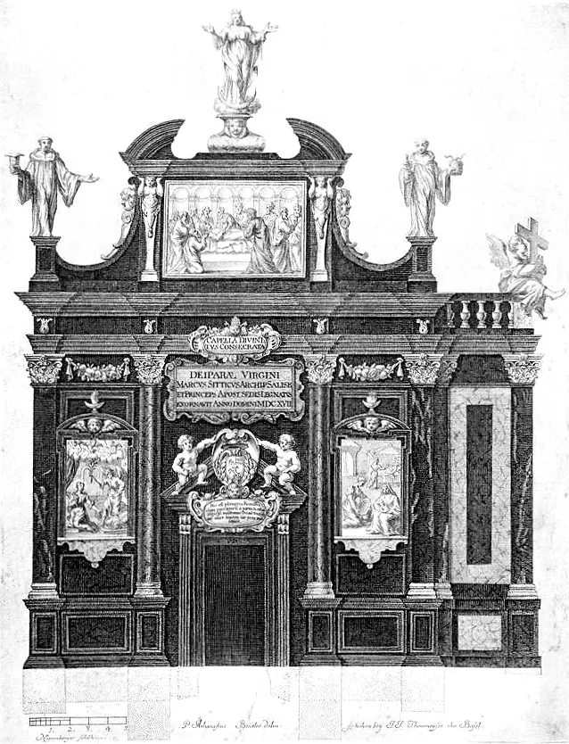 Black-and-white engraving of a classical marble chapel front with columns, carved panels, statues on top and an inscribed doorway
