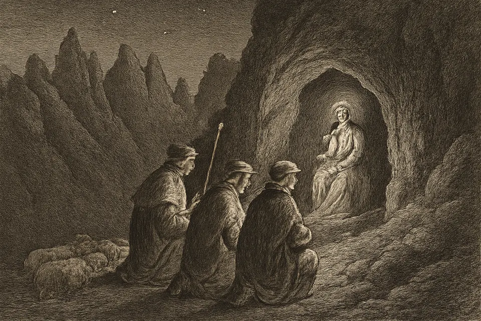 Engraving-style illustration of shepherds at night finding a small wooden statue of the Virgin and Child in a mountain cave lit by a mysterious glow