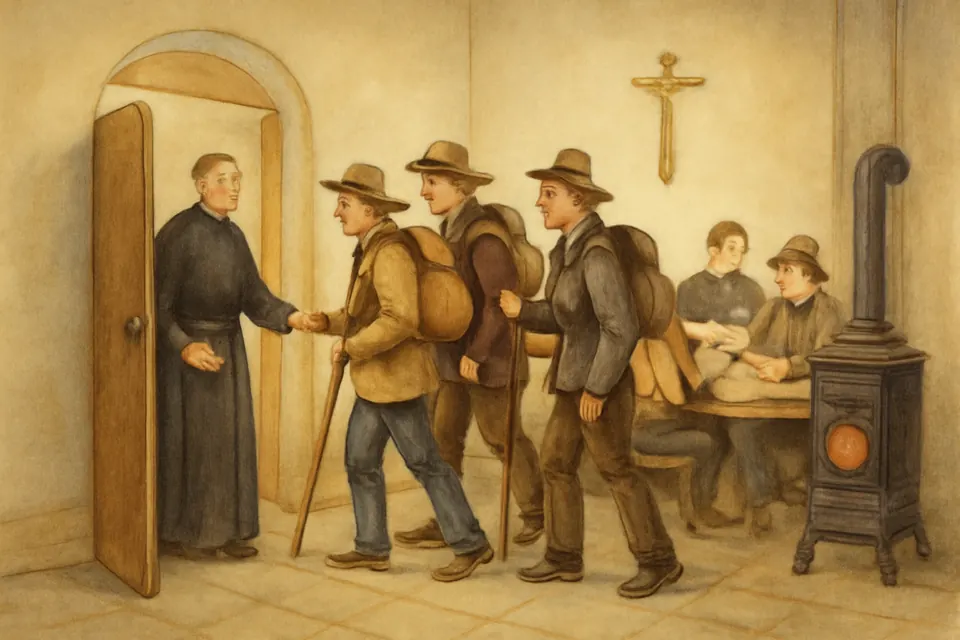 Watercolor scene of a priest in a black cassock welcoming young traveling journeymen with knapsacks into a warm hall with long tables