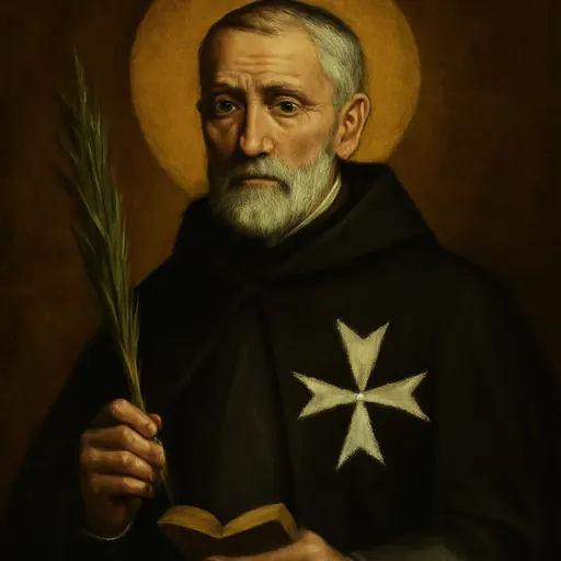 Oil-painting-style portrait of Blessed Adrian Fortescue, a bearded Tudor knight in a dark cloak with the white eight-pointed cross of the Knights of St. John, holding a palm branch