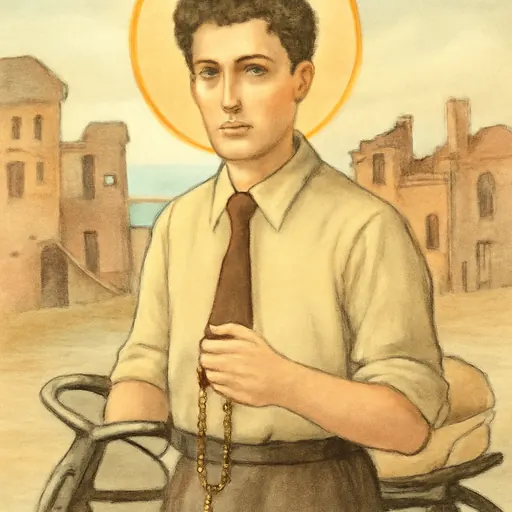 Watercolor-style portrait of Blessed Alberto Marvelli as a young Italian engineer in shirt sleeves and tie, with a bicycle and a rosary