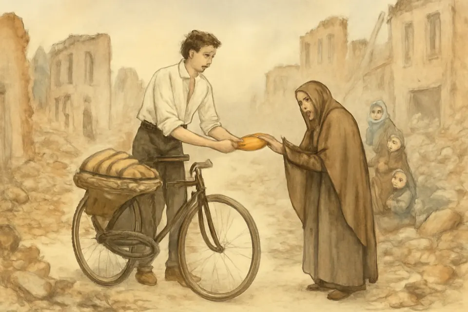 Watercolor-style scene of a young man on a bicycle carrying blankets and bread through a bombed Italian street to waiting families