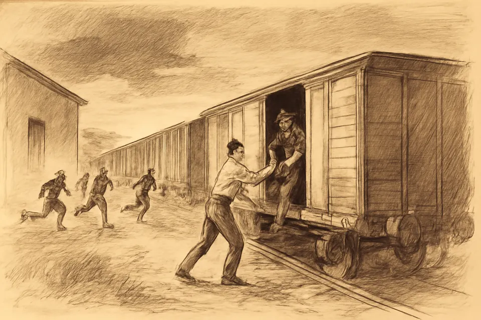 Ink-drawing-style scene of a young man pulling open the sliding door of a sealed railway freight car at a small station at dusk