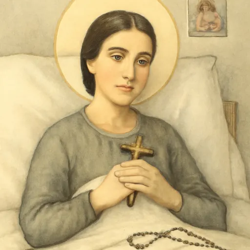 Watercolor-style portrait of Blessed Alexandrina of Balazar, a young Portuguese woman with dark hair and a gentle smile, lying propped on white pillows with a crucifix in her hands