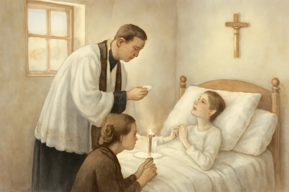 Watercolor scene of a priest giving Holy Communion to a frail young woman lying in a simple bed in a whitewashed country room