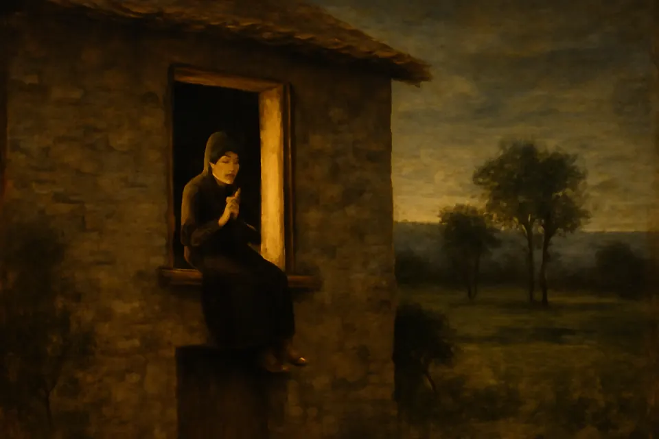 Oil-painting-style scene of a teenage girl praying at the open upper window of a stone farmhouse at dusk