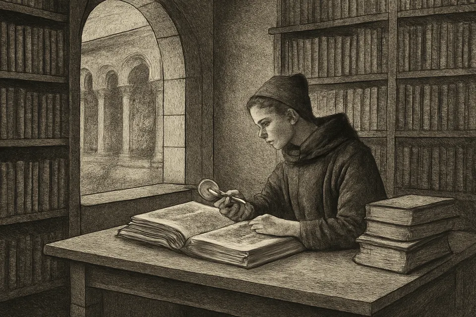 Engraving-style scene of a young Benedictine monk in a black habit reading an old manuscript at a desk in a cloistered abbey library