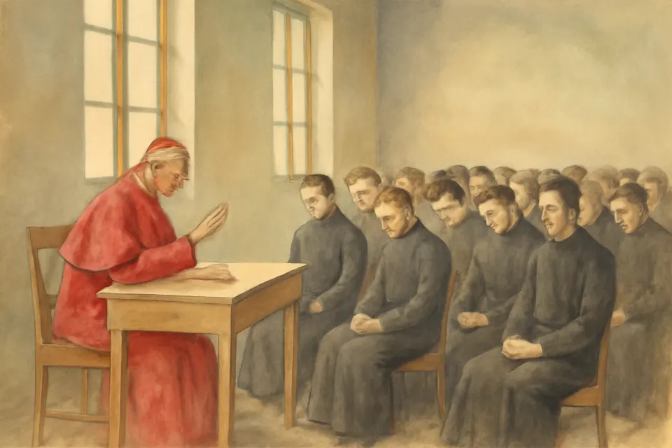 Watercolor scene of an elderly, frail cardinal in red speaking to a hall full of young seminarians in black cassocks
