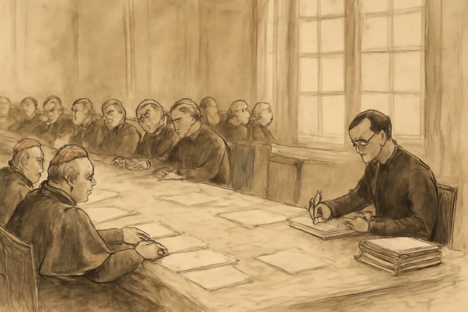 Ink-wash scene of a priest in a cassock with round glasses taking notes at a long table during a meeting of bishops at the Second Vatican Council