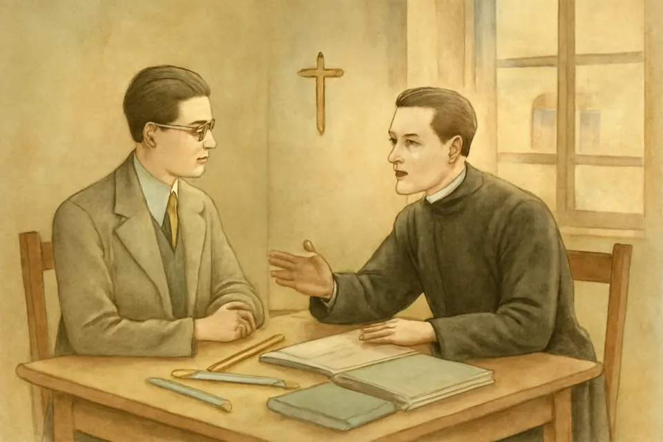 Watercolor-style scene of a young engineering student in a 1930s suit talking with a priest in a cassock in a modest Madrid student residence