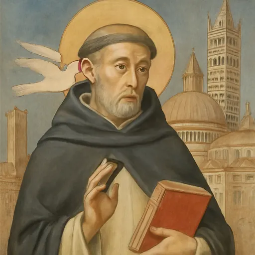 Fresco-style portrait of Blessed Ambrose of Siena, a Dominican friar in a white habit and black cloak holding a red book