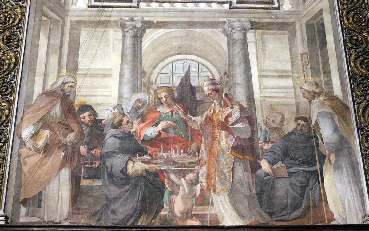 Large fresco in a cathedral choir of friars and religious kneeling before a seated pope in red, one of them presenting a small model of a walled city