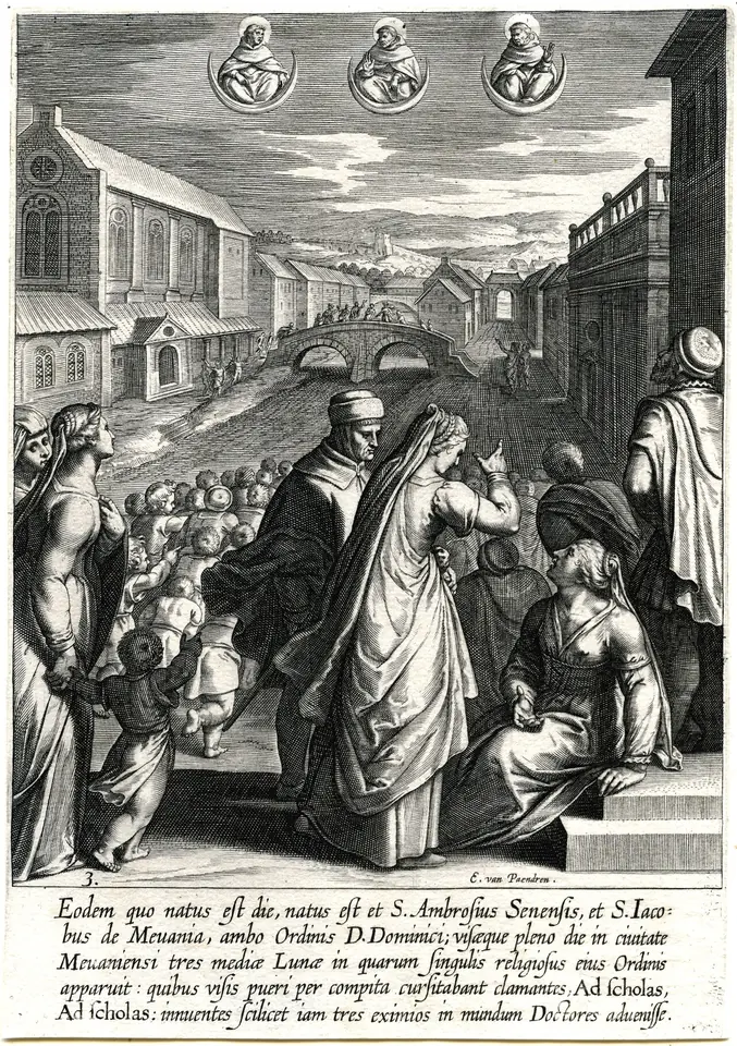 Engraving of a crowded town street with a mother and child, while three small medallion portraits of friars appear in the sky above