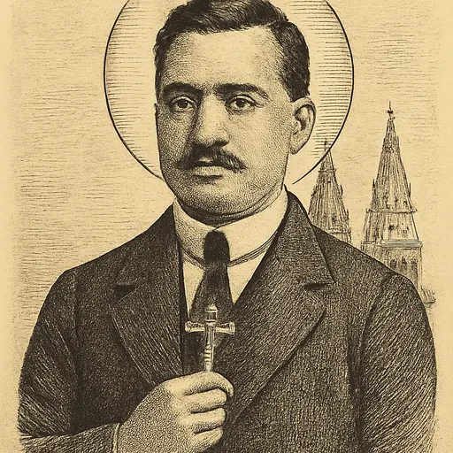Engraving-style portrait of Blessed Anacleto González Flores, a Mexican man in a dark suit and tie holding a small crucifix