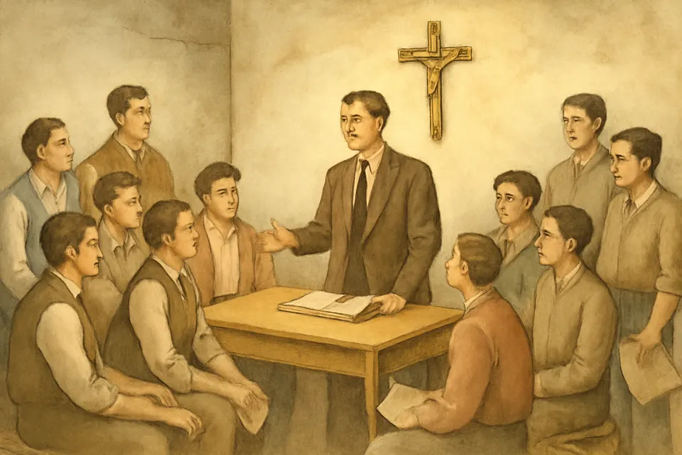 Watercolor-style scene of a young Mexican lawyer in a dark suit speaking to a group of young men around a table covered with books and newspapers