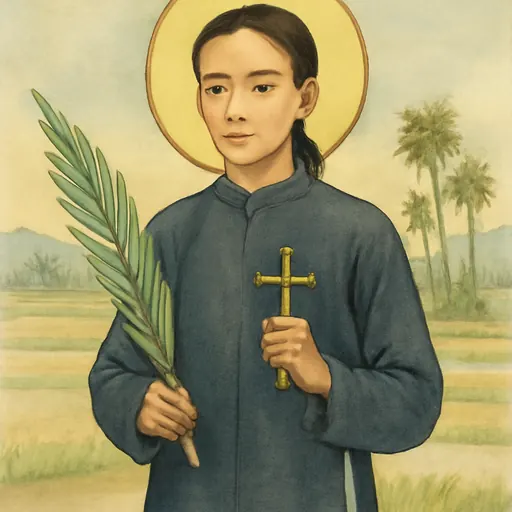 Watercolor-style portrait of Blessed Andrew of Phu Yen, a young Vietnamese man in a plain dark robe holding a palm branch and a small cross