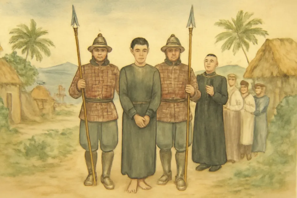 Watercolor-style scene of a young Vietnamese man with bound hands walking calmly between soldiers while Christians follow, one praying