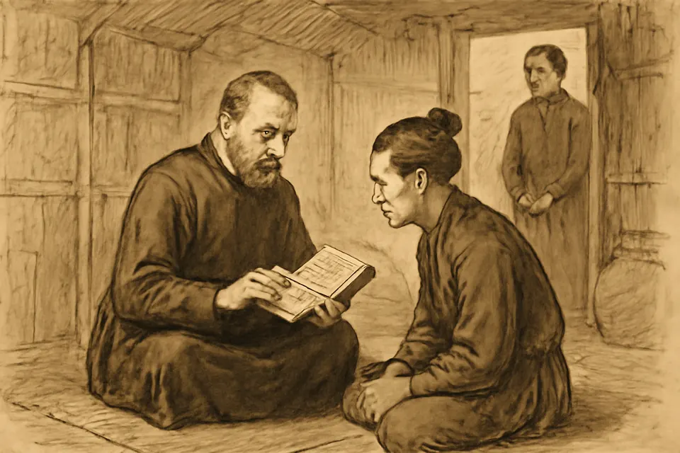 Ink-style scene of a Jesuit priest in a black cassock teaching a young Vietnamese man from a book in a simple house of bamboo and thatch