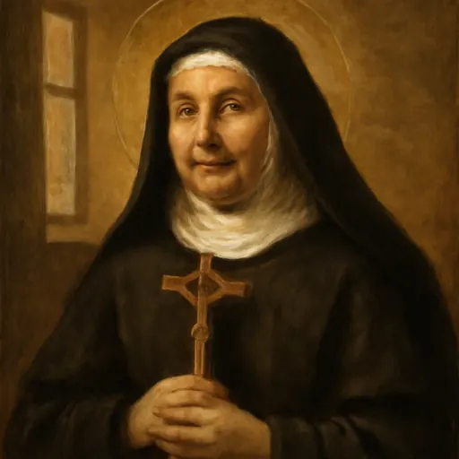Oil-painting-style portrait of Blessed Anna Rosa Gattorno, an Italian religious sister of about sixty in a dark habit and white wimple, holding a small crucifix