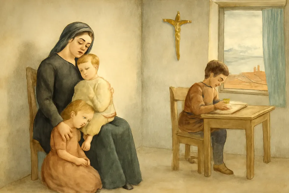 Watercolor scene of a young widow in black in a modest Genoese room, holding a small boy while a little girl leans against her and an older boy reads at a table