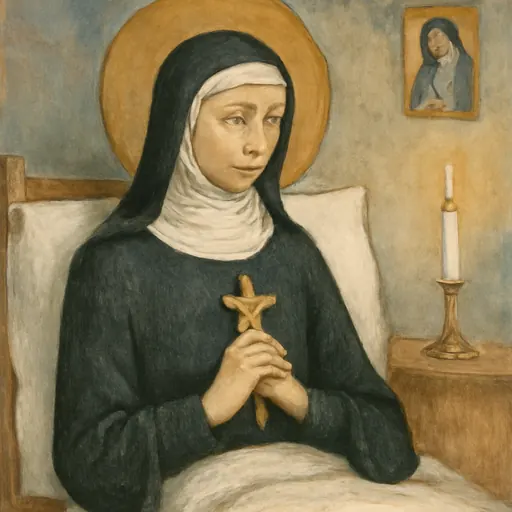 Oil-painting-style portrait of Blessed Anne Catherine Emmerich, a pale German nun in a black Augustinian habit and white headband, holding a small crucifix