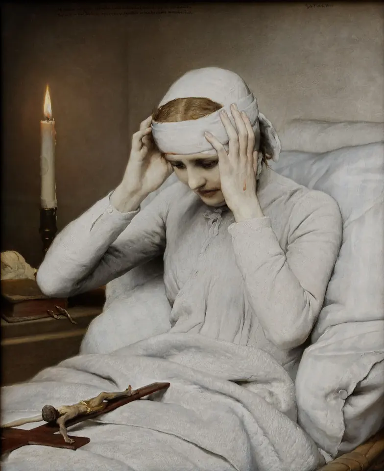 A pale young woman sitting up in a white bed, her head wrapped in white cloth, presses her hands to her temples beside a lit candle, with a small crucifix lying on the covers
