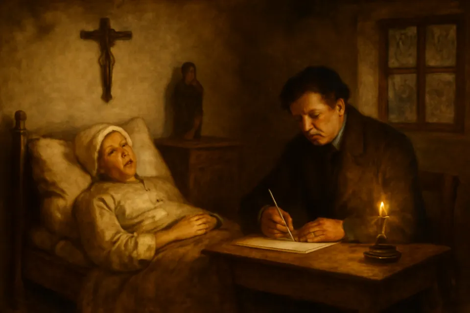 Illustration of the poet Clemens Brentano writing at the bedside of Anne Catherine Emmerich in her small room in Dülmen