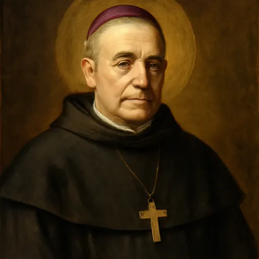 Oil-painting-style portrait of Blessed Anselmo Polanco, a Spanish bishop in his fifties in a black Augustinian habit with a pectoral cross