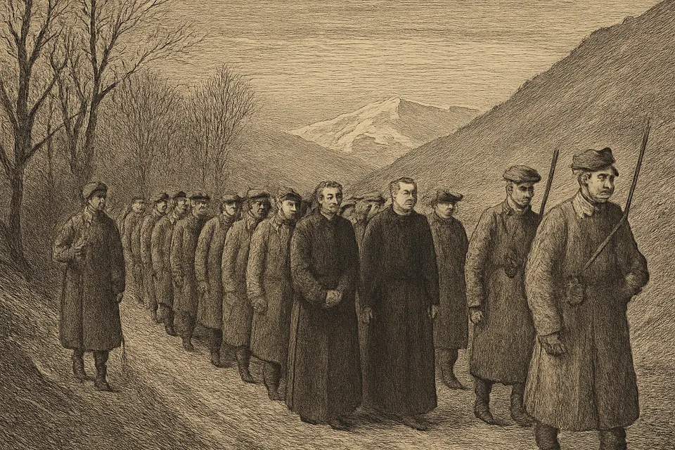 Engraving-style scene of a column of prisoners, among them an older priest in a cassock, walking along a mountain road in Catalonia at dusk in winter