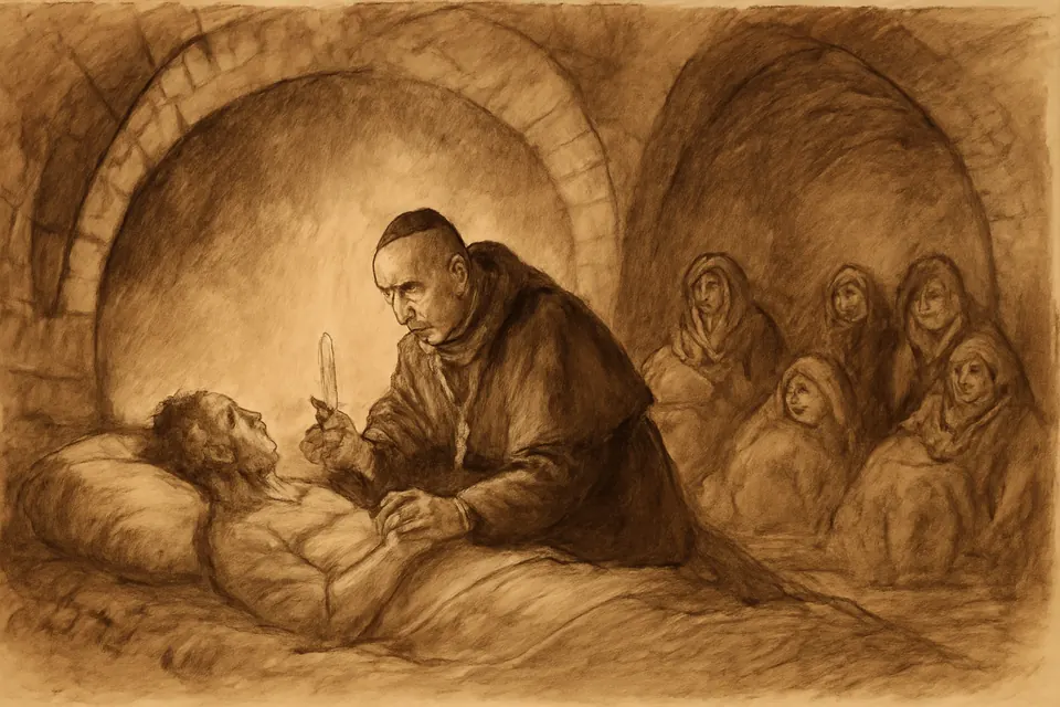 Ink-wash scene of a bishop in a black habit kneeling with wounded people in a cellar shelter during the siege of Teruel in winter