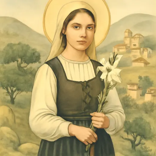 Watercolor-style portrait of Blessed Antonia Mesina, a Sardinian girl of sixteen in a dark dress and pale headscarf, holding a lily and a rosary