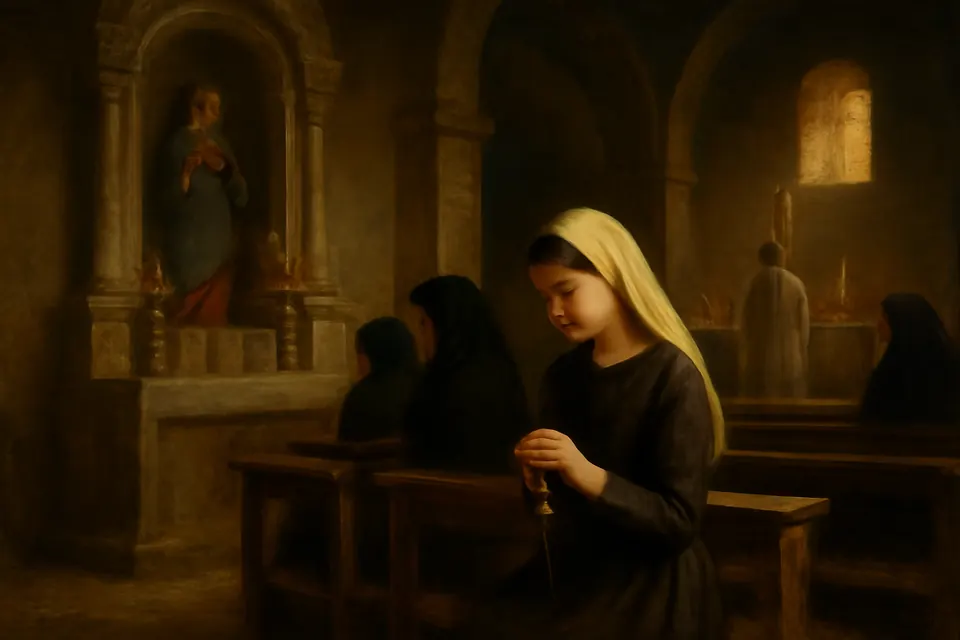 Oil-painting-style scene of a village girl kneeling at early morning Mass before a Marian altar decorated with flowers