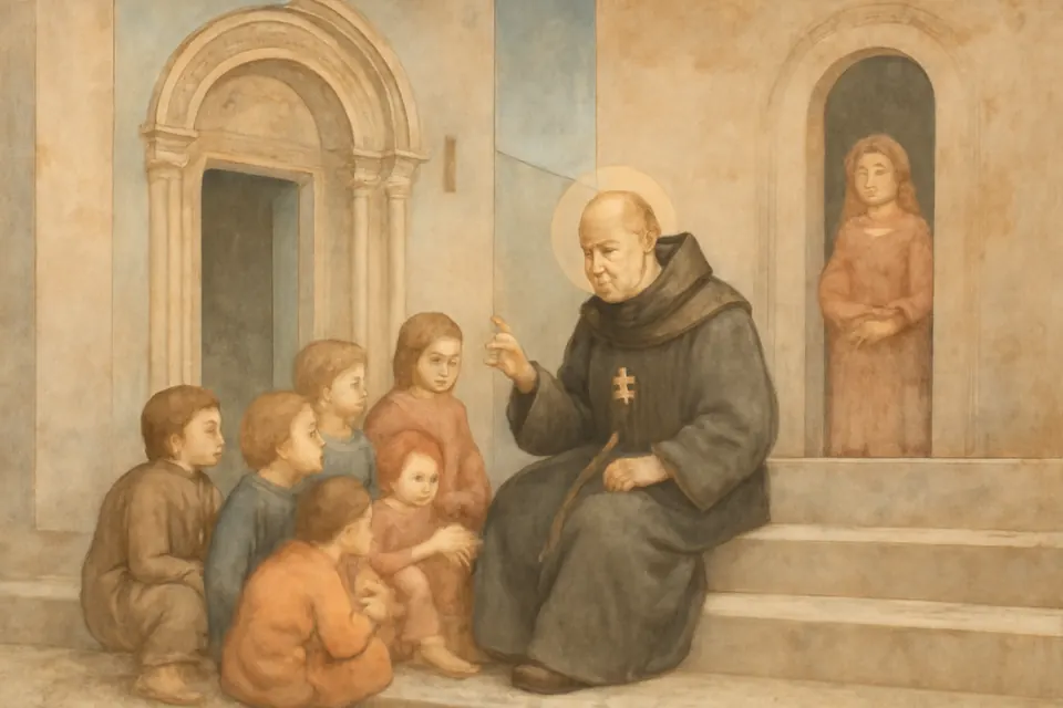 Fresco-style scene of a Franciscan bishop teaching catechism to a group of children seated on the steps of a church