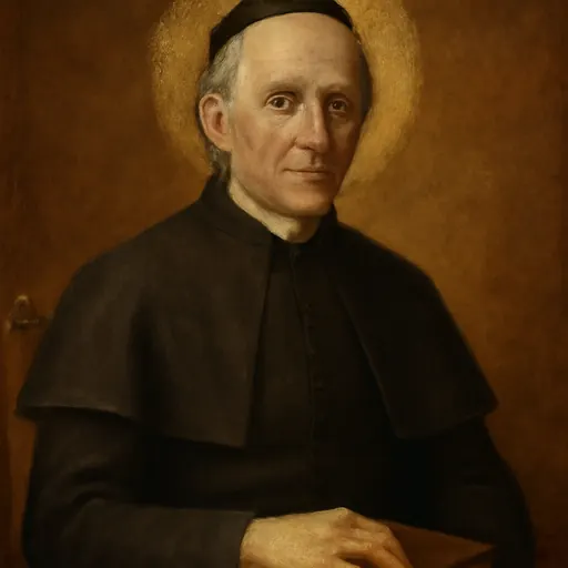 Oil-painting-style portrait of Blessed Antonio Rosmini, a gentle, gray-haired Italian priest in a black cassock seated with a book