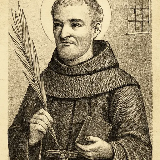 Engraving-style portrait of Blessed Arthur Bell, a bearded English Franciscan friar in a brown habit and knotted cord, holding a martyr's palm and a small book