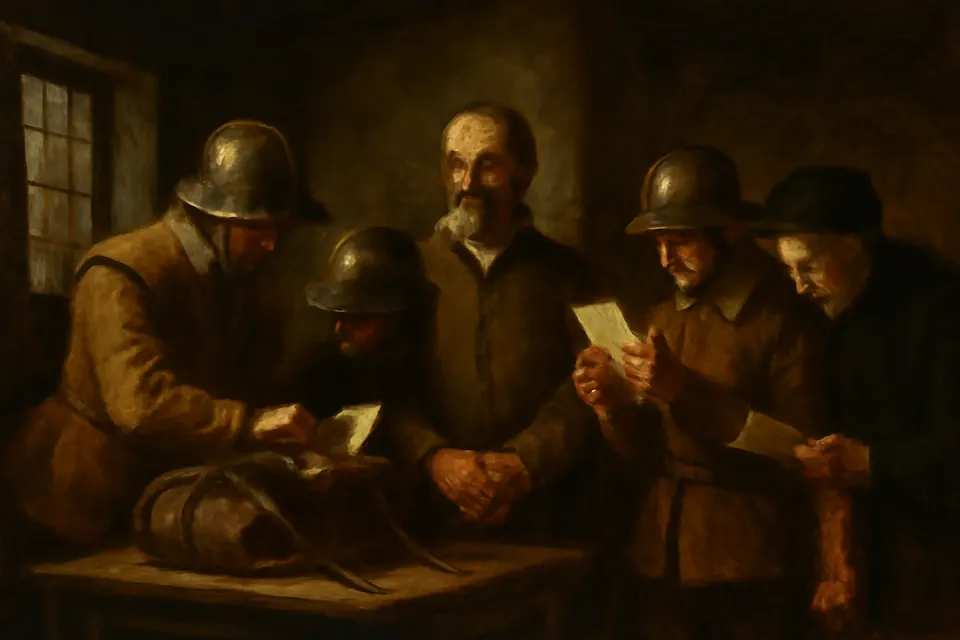 Oil-painting-style scene of Parliamentary soldiers in an inn room searching a traveler's bags and holding up papers, while a calm middle-aged man in a plain coat stands under guard