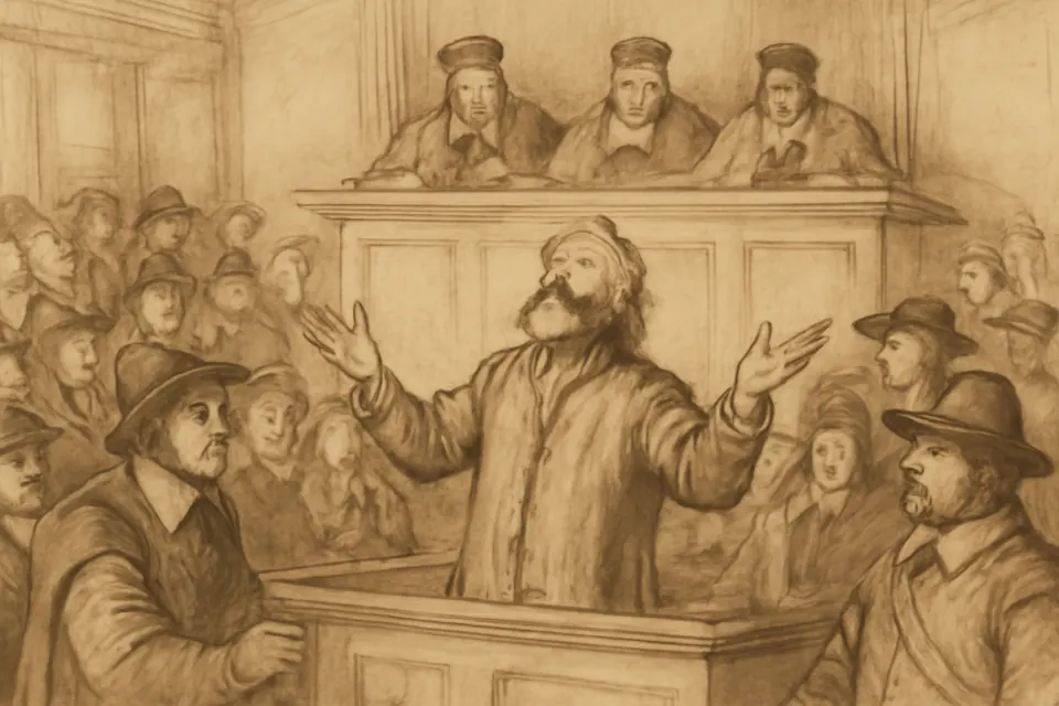 Ink-drawing-style scene of a seventeenth-century London courtroom where a prisoner raises his eyes and hands in thanksgiving after his sentence, as judges in robes look on