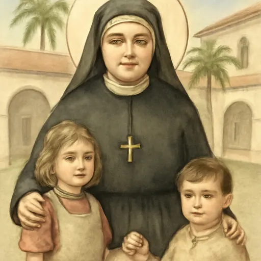 Watercolor-style portrait of Blessed Assunta Marchetti as a kindly middle-aged religious sister in a dark habit and veil, holding a crucifix, with two small orphan children beside her