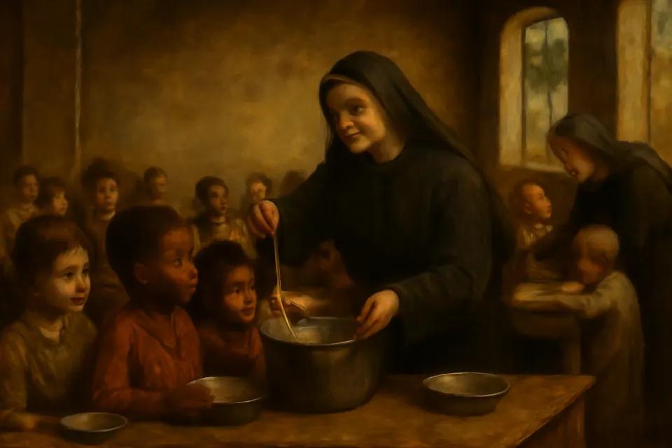 Oil-painting-style scene of a religious sister serving soup to orphan children at long wooden tables in a simple orphanage dining hall in Brazil