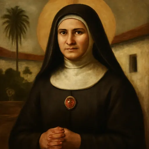Oil-painting-style portrait of Blessed Barbara Maix as a religious sister of the mid-nineteenth century in a dark habit, white collar and black veil, holding a rosary