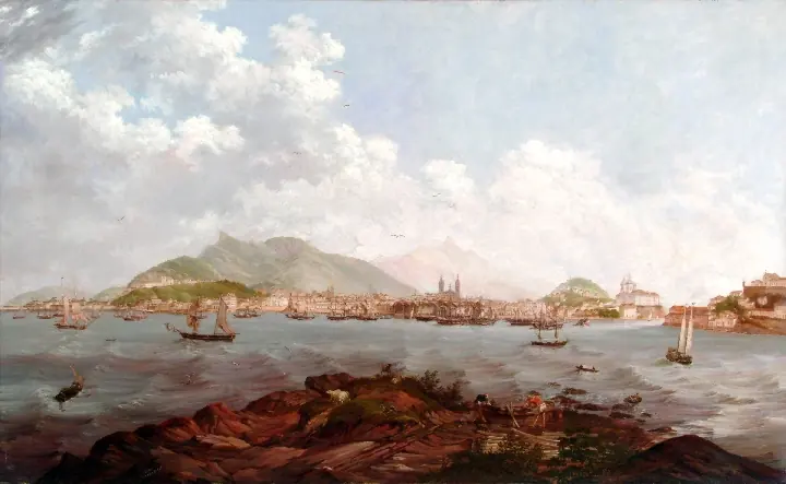 Nineteenth-century painting of a wide bay crowded with sailing ships, the city of Rio de Janeiro stretched along the shore under green mountains and a cloudy sky