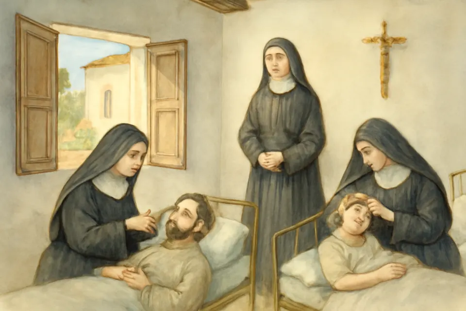 Watercolor-style scene of religious sisters in dark habits nursing sick people on simple cots in a whitewashed room in nineteenth-century Brazil