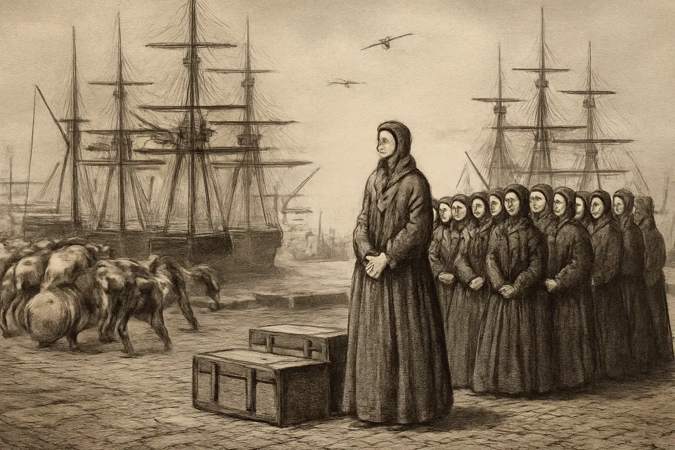 Engraving-style scene of a group of young women in plain dark dresses and bonnets waiting with their trunks on a crowded harbor quay beside tall sailing ships