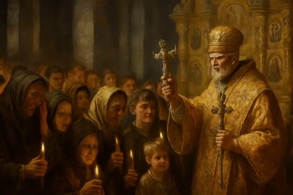 Oil-painting-style scene of an elderly Byzantine bishop blessing a crowd of the faithful with candles in a church with a gilded iconostasis