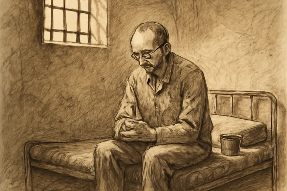 Ink-wash scene of a thin man with glasses praying alone in a bare prison cell, his hands joined over a small cross