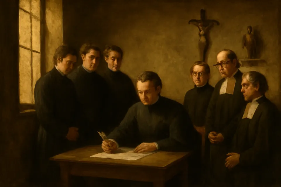 Oil-painting-style scene of a priest in a black cassock signing a document at a table in a plain 19th-century room as priests and brothers in black look on