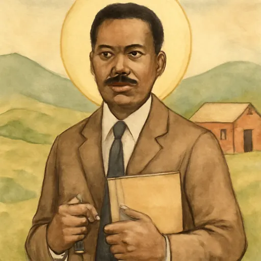 Watercolor-style portrait of Blessed Benedict Daswa as a South African schoolteacher in a jacket and tie, holding a book and a rosary