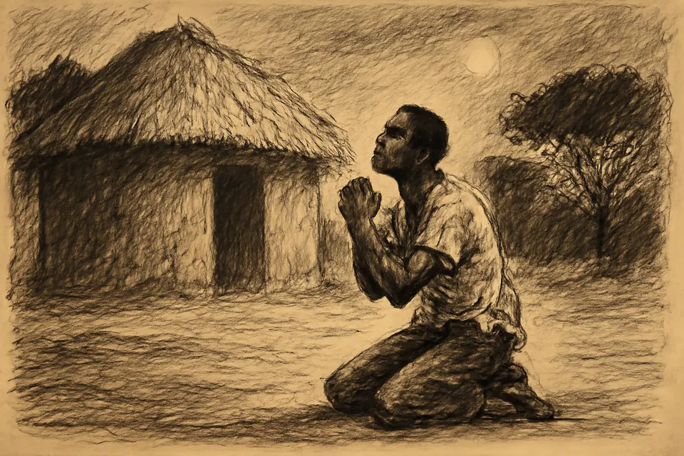 Ink-drawing-style scene of a man kneeling in prayer at night outside a rural hut, his hands joined, under a dark sky