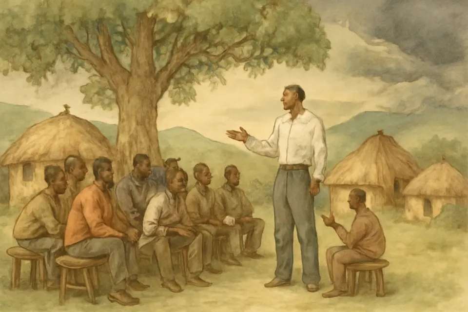 Watercolor-style scene of a man standing up to speak at an outdoor village meeting under a tree while elders sit listening